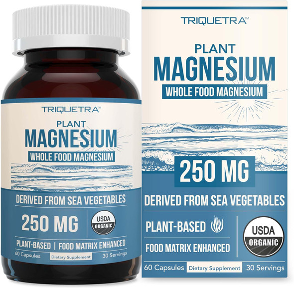 Organic Magnesium | Whole Food Magnesium - Plant-Based, Organic Sea Vegetable Complex - 250 mg Magnesium Per Serving | Water Extracted | Gentle on Stomach | Energy, Sleep, Muscle, Heart - 60 Capsules
