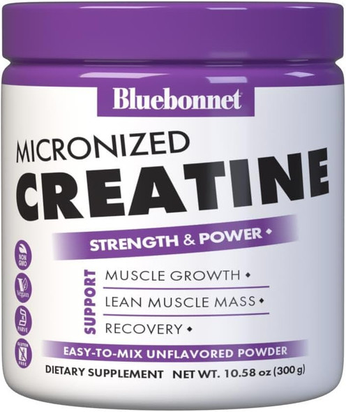 BlueBonnet Nutrition Micronized Creatine Monohydrate 5 g  Supports Lean Muscle Mass* - Non-GMO, Vegan, Kosher Certified, Gluten-Free, Soy-Free, Milk-Free  Unflavored, 10.58 OZ, 60 Servings