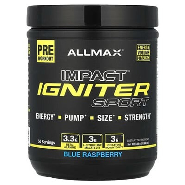 ALLMAX, Impact Igniter Sport, Pre Workout, Blue Raspberry, 11.64 oz (330 g) ALLMAX, Impact Igniter Sport, Pre Workout, Blue Raspberry, 11.64 oz (330 g)