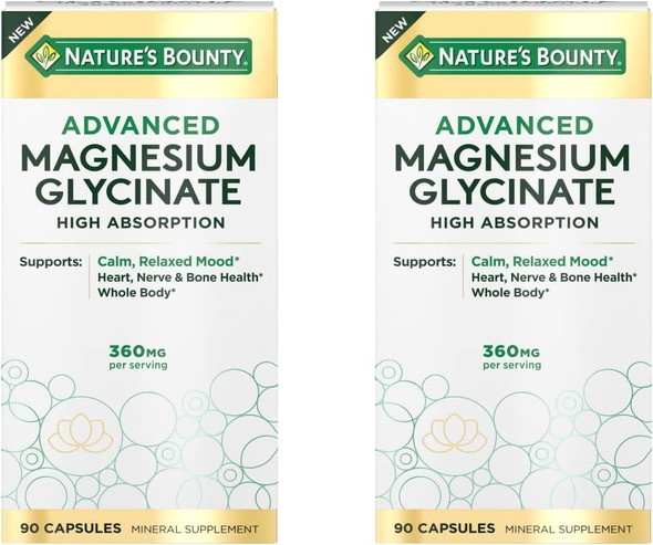 Nature's Bounty High Absorption Magnesium Glycinate, Supports a Calm & Relaxed Mood, Heart, Nerves, Muscle & Bone Health Support, 90 Capsules