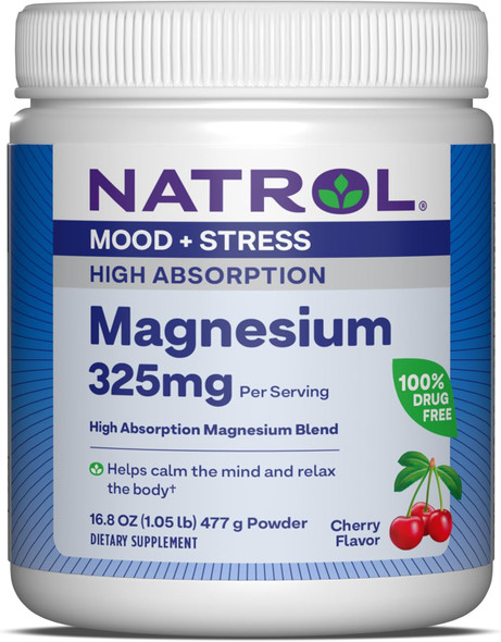 Natrol Mood + Stress Magnesium Carbonate and Magnesium Glycinate Blend 325mg with Potassium 232mg, Dietary Supplement Occasional Stress Support, 16.8 oz Cherry-Flavored Powder, 45-Day Supply