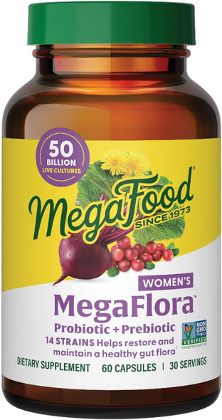 MegaFood MegaFlora Probiotics for Women + Prebiotics and Probiotics with 14 Strains & 50 Billion CFUs, with Cranberry, Probiotics for Women Digestive Health, Vegetarian - 60 Capsules (30 Servings) MegaFood MegaFlora Probiotics for Women + Prebiotics and Probiotics with 14 Strains & 50 Billion CFUs, with Cranberry, Probiotics for Women Digestive Health, Vegetarian - 60 Capsules (30 Servings)