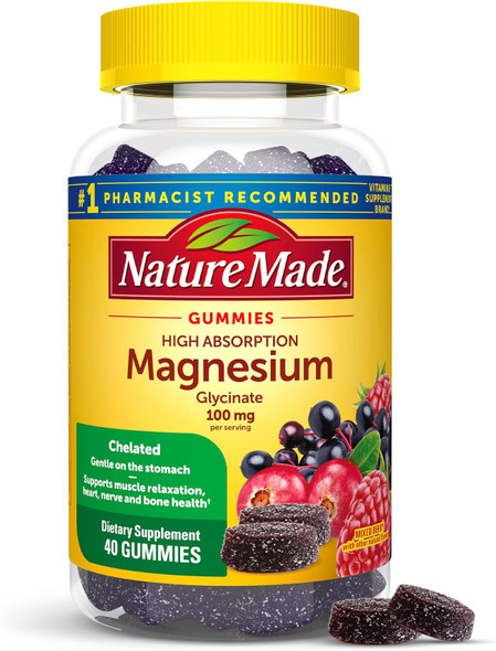 Nature Made High Absorption Magnesium Glycinate Gummies 100 mg per Serving, Muscle, Nerve, Bone and Heart Support, Magnesium Supplement, 40 Magnesium Gummies, 20 Day Supply Nature Made High Absorption Magnesium Glycinate Gummies 100 mg per Serving, Muscle, Nerve, Bone and Heart Support, Magnesium Supplement, 40 Magnesium Gummies, 20 Day Supply