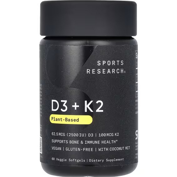 D3 + K2, Plant-Based, 62.5 mcg/100 mcg, 60 Veggie Softgels, Sports Research