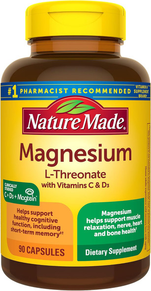 Nature Made Magnesium L-Threonate with Vitamin C & Vitamin D3, Provides 130 mg of Magnesium from 1800 mg Magnesium L Threonate, Cognitive Support Magnesium Supplement, 90 Capsules, 30 Day Supply Nature Made Magnesium L-Threonate with Vitamin C & Vitamin D3, Provides 130 mg of Magnesium from 1800 mg Magnesium L Threonate, Cognitive Support Magnesium Supplement, 90 Capsules, 30 Day Supply
