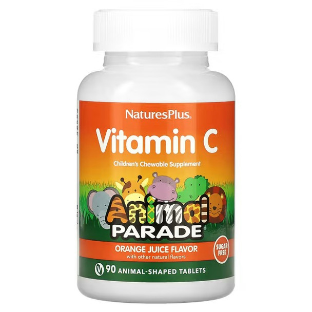 NaturesPlus, Animal Parade, Vitamin C Children's Chewable Supplement, Orange Juice, Sugar Free, 90 Animal-Shaped Tablets