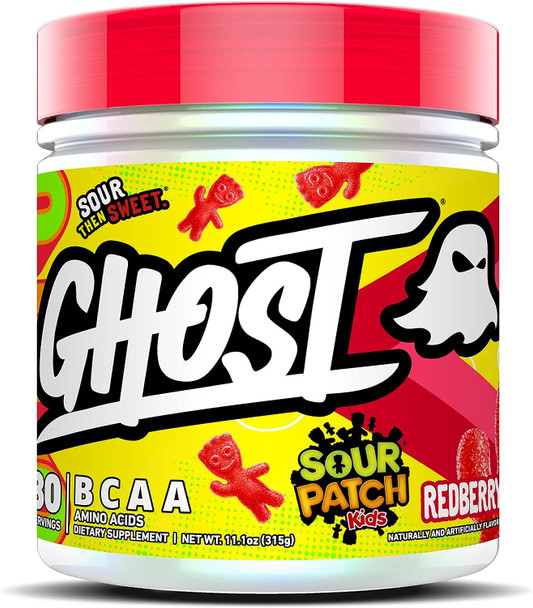 GHOST BCAA Amino Acids, Sour Patch Kids Redberry - 30 Servings - Sugar-Free Intra and Post Workout Powder & Recovery Drink, 7g BCAA Supports Muscle Growth & Endurance- Soy & Gluten-Free, Vegan