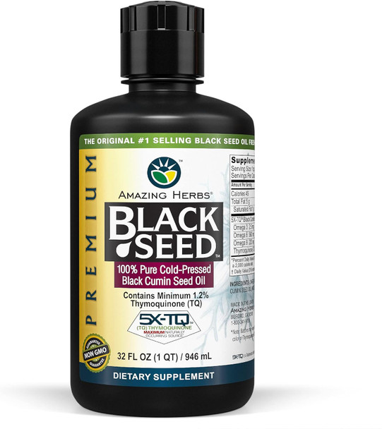 Amazing Herbs Premium Black Seed Oil - Cold Pressed Nigella Sativa Aids in Digestive Health, Immune Support, Brain Function, Joint Mobility, Gluten Free, Non GMO - 32 Fl Oz