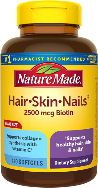 Nature Made Hair Skin and Nails with Biotin 2500 mcg, Dietary Supplement For Healthy Hair Skin and Nails Support, 120 Softgels,