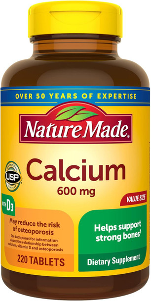 Nature Made Calcium 600 mg with Vitamin D3, Dietary Supplement for Bone Support, 220 Tablets