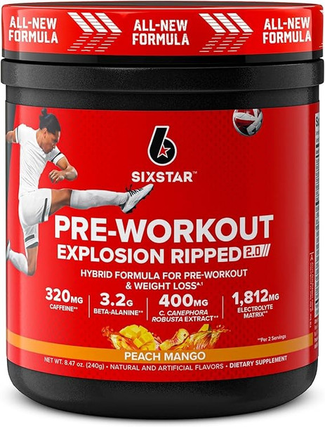 Six Star Pre-Workout Explosion Ripped 2.0 Peach Mango - Endurance Powder with Caffeine, Beta-Alanine, Lactic Acid Buffer, Electrolyte Recovery, C. canephora Robusta for Weight Loss - 30 Servings