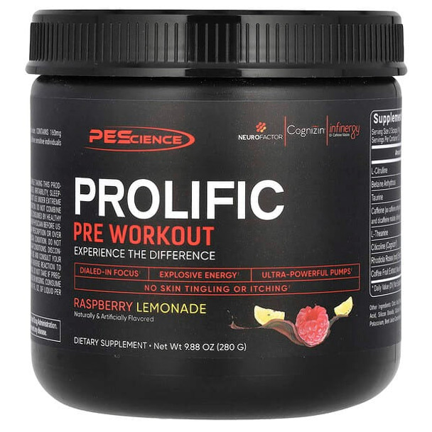 PEScience, Prolific, Pre Workout, Raspberry Lemonade, 9.88 oz (280 g)