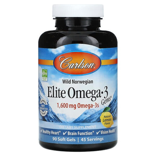 Carlson, Wild Norwegian, Elite Omega-3 Gems, Natural Lemon, 1,600 mg, 90 Soft Gels (800 mg per Soft Gel)