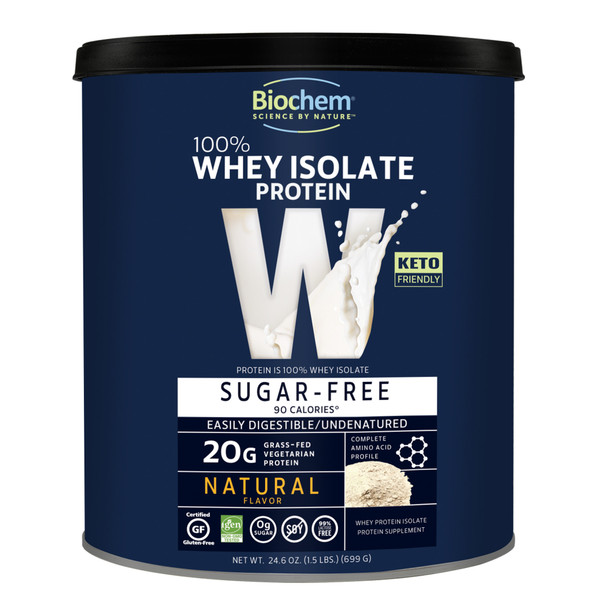 Biochem 100% Whey Sugar-Free Natural 20g, 24.6oz, Certified Vegetarian, Certified Gluten Free, Certified Non-GMO tested, Keto Friendly, Grass-Fed