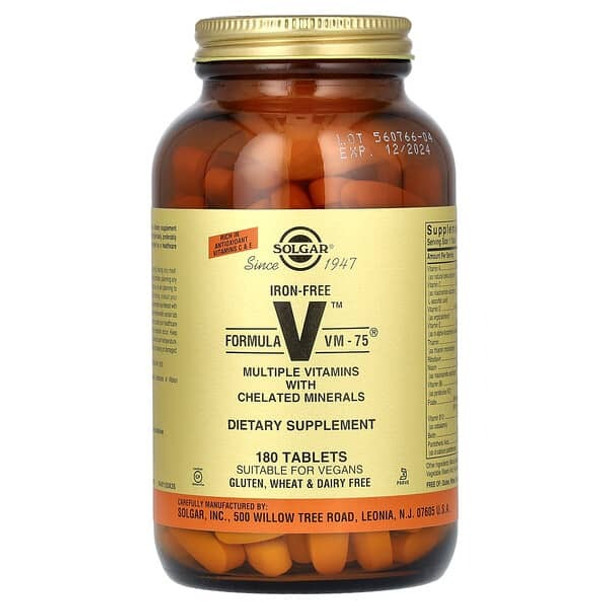 Solgar formula v vm 75 solgar, Multiple Vitamins with Chelated Minerals, Iron Free, 180 Tablets