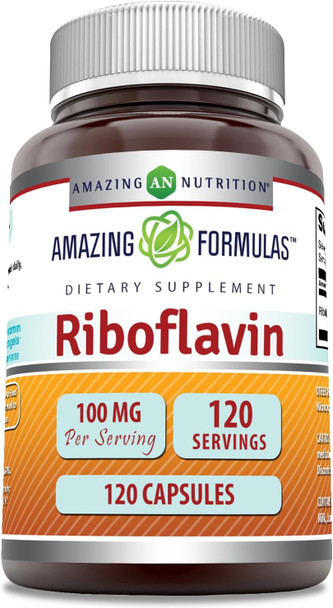 Amazing Formulas Riboflavin (Vitamin B2) Supplement |100 Mg Per Serving | 120 Capsules | Non-GMO | Gluten Free | Made in USA