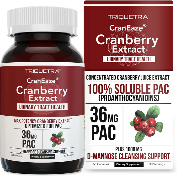 CranEaze Cranberry Juice Extract Plus D-Mannose, 36 mg PAC, 100% Soluble PAC - Supports Urinary Tract Health  Most Effective Cranberry Pills for Women, UTI Cranberry Supplement - 60 Capsules