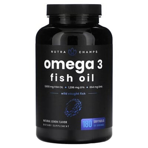 NutraChamps, Omega 3 Fish Oil, Natural Lemon, 180 Softgels