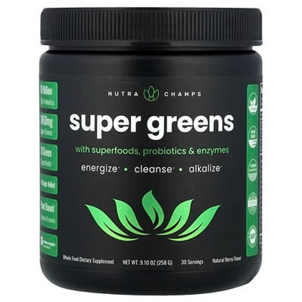 NutraChamps, Super Greens With Superfoods, Probiotics & Enzymes, Natural Berry, 9.10 oz (258 g)
