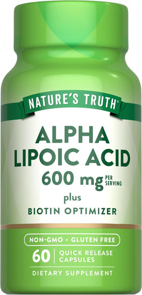 Nature's Truth Alpha Lipoic Acid 600mg | plus Biotin Optimizer | 60 Capsules | Non-GMO & Gluten Free Supplement