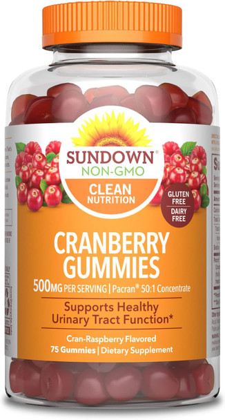 Sundown Cranberry Gummies , Dietary Supplement, Supports Urinary Tract Health, 500mg, Cran-Raspberry Flavored, 75 Count