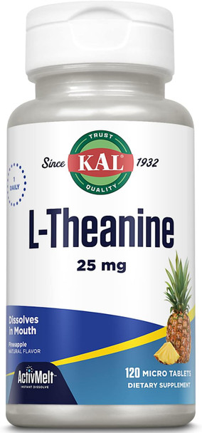 KAL L Theanine 25 mg ActivMelt - Relaxation, Stress, Mood and Focus Supplement - Delicious Natural Pineapple Flavor with Stevia - Vegetarian - 120 Servings, 120 Instant Dissolve Micro Tablets KAL L Theanine 25 mg ActivMelt - Relaxation, Stress, Mood and Focus Supplement - Delicious Natural Pineapple Flavor with Stevia - Vegetarian - 120 Servings, 120 Instant Dissolve Micro Tablets