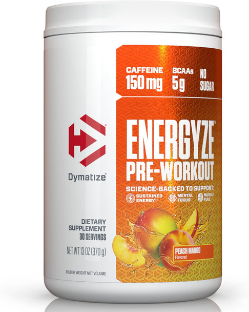 Dymatize Energyze Pre Workout Powder for Men and Women, Peach Mango Flavor, 150mg Caffeine, 5g BCAAs, Performance Blend of L-Theanine, L-Tyrosine, L-Citrulline, No Sugar, 30 Servings