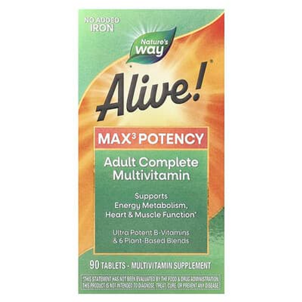 Nature's Way, Alive!® Max3 Potency, Adult Complete Multivitamin, No Added Iron, 90 Tablets