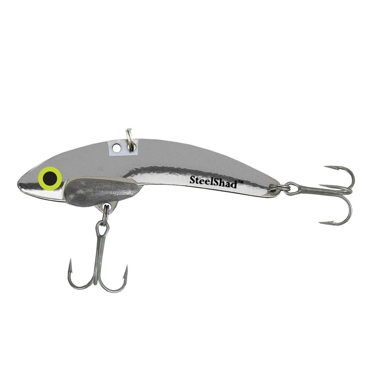 The Original SteelShad 3/8 oz. best selling, SteelShad Silver blade bait. Your go to dying chrome bait fish. 440 grade stainless steel, 3/8 oz., #6 VMC hooks coated for fresh and salt water, 2 3/4 inches long.