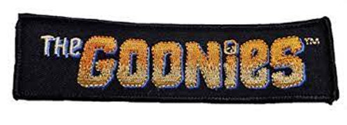 5 inches wide, The Goonies Movie Logo embroidered patch,  Sew on or iron. New.

Please note we will always combine shipping on like items.  Any additional patch or pin will ship for 50 cent per item.  Any additional payment will be reimbursed to your Paypal account.  Thank You.