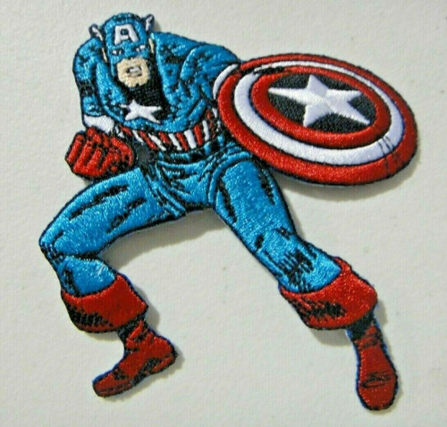 4 inches wide, a new Marvel Comics, Captain America "Punching" embroidered patch. Sew on or iron. 

Please note we will always combine shipping on like items.  Any additional patch or pin will ship for 50 cent per item.  Any additional payment will be reimbursed to your Paypal account.  Thank You.