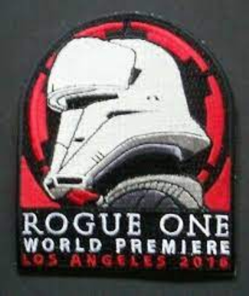 3 1/4"  wide x 3 3/4" tall,  a new Star Wars Los Angeles World Premiere 2016 Rogue One Embroidered Patch Sew on or iron on. 

Please note we will always combine shipping on like items.  Any additional patch or pin will ship for 50 cent per item.  Any additional payment will be reimbursed to your Paypal account.  Thank You.