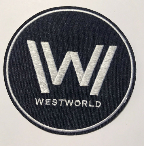 3.75 inches wide,  a new Westworld Logo (HBO Series) embroidered patch. Sew on or Iron on. 
 
Please note we will always combine shipping on like items.  Any additional patch or pin will ship for 50 cent per item.  Any additional payment will be reimbursed to your Paypal account.  Thank You.