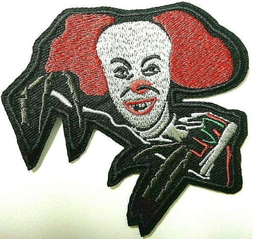 3.5 inches wide,  a new Pennywise the Dancing Clown "IT" embroidered patch. Sew on or iron on.

Please note we will always combine shipping on like items.  Any additional patch or pin will ship for 50 cent per item.  Any additional payment will be reimbursed to your Paypal account.  Thank You.