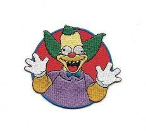 3.5 inches wide,  a new The Simpsons, "Krusty the Klown" embroidered patch.  Sew on or iron. 

Please note we will always combine shipping on like items.  Any additional patch or pin will ship for 50 cent per item.  Any additional payment will be reimbursed to your Paypal account.  Thank You.