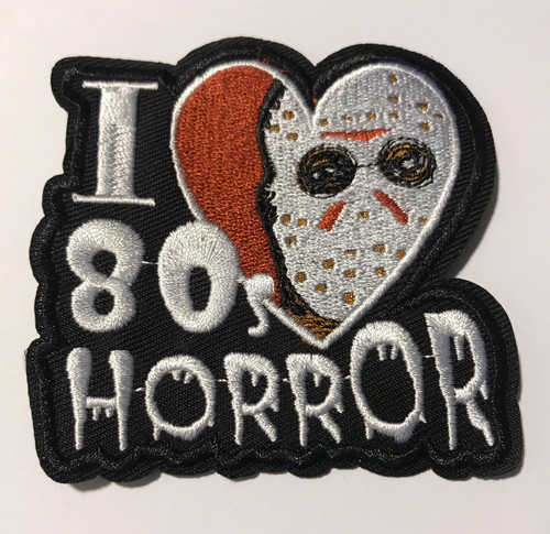 3 inches tall,  a new I Love 80s Horror, Friday the 13th Embroidered Jacket Patch.  Sew on or Iron on. 
 
Please note we will always combine shipping on like items.  Any additional patch or pin will ship for 50 cent per item.  Any additional payment will be reimbursed to your Paypal account.  Thank You.