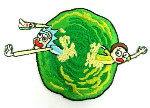 3.5 inches wide,  a new Rick and Morty, "Leaving  the Portal" embroidered patch.  Sew on or Iron.   

Please note we will always combine shipping on like items.  Any additional patch or pin will ship for 50 cent per item.  Any additional payment will be reimbursed to your Paypal account.  Thank You.