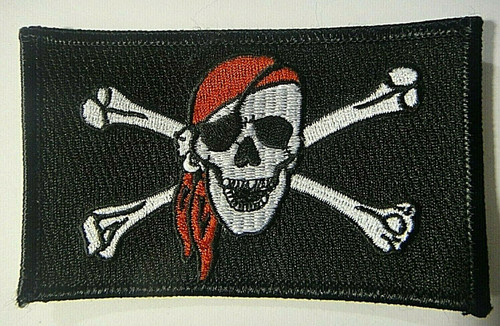 4 inches wide, a new Pirate (THe Jolly Roger) flag embroidered shoulder patch. Sew on or iron on. New. 

Please note we will always combine shipping on like items.  Any additional patch or pin will ship for 50 cent per item.  Any additional payment will be reimbursed to your Paypal account.  Thank You.