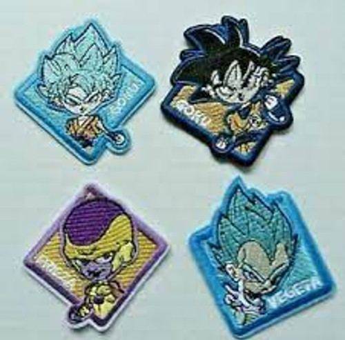 2.5 inch tall,  a new Dragon Ball Z chibi style embroidered patch lot, including 1 each shown in the photo.  You will receive the 2 different Gokus, Vegeta and Frieza. Four patches in all for one price.  Sew on or iron on. New.

Please note we will always combine shipping on like items.  Any additional patch or pin will ship for 50 cent per item.  Any additional payment will be reimbursed to your Paypal account.  Thank You.