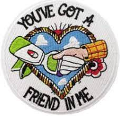 3.5" diameter, Toy Story "You've Got A Friend In Me" embroidered patch. Sew or iron on. New.

Please note we will always combine shipping on like items.  Any additional patch or pin will ship for 50 cent per item.  Any additional payment will be reimbursed to your Paypal account.  Thank You.