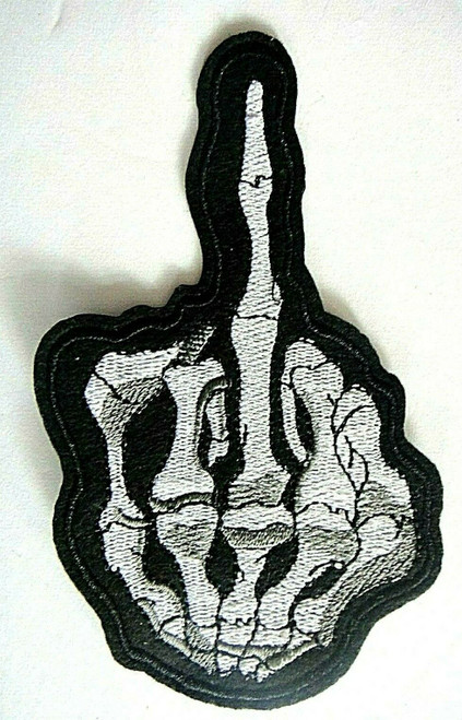 5 inches wide,  a new "Skeleton Finger" Motorcycle embroidered patch. Sew on or iron on. 

Please note we will always combine shipping on like items.  Any additional patch or pin will ship for 50 cent per item.  Any additional payment will be reimbursed to your Paypal account.  Thank You.