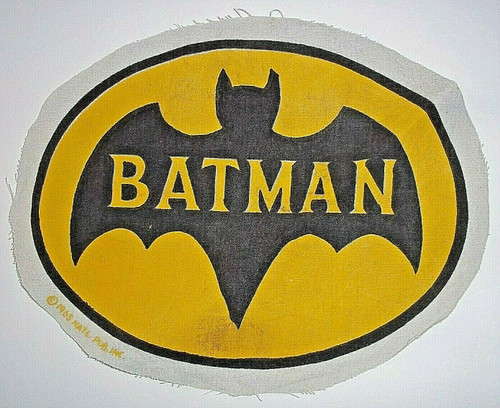 9.5 inches wide, silk screened cloth Batman logo jacket patch.  Licensed in 1965 this item is a very early Batman collectible with logo used in the early 1960s. Sew on only.   If anyone looking at this item has any information on this item, i would appreciate an e.mail.  i could not find anything online.  New.

Please note we will always combine shipping on like items.  Any additional patch or pin will ship for 50 cent per item.  Any additional payment will be reimbursed to your Paypal account.  Thank You.
