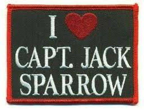 4 inches wide, a new "I Heart Capt. Jack Sparrow" embroidered patch. Sew on or iron on. New. 

Please note we will always combine shipping on like items.  Any additional patch or pin will ship for 50 cent per item.  Any additional payment will be reimbursed to your Paypal account.  Thank You.