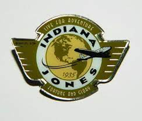 1 1/2 inches wide.  a new Indiana Jones Global Earth and Plane Logo Enamel Metal pin with clutch back.

Please note we will always combine shipping on like items.  Any additional patch or pin will ship for 50 cent per item.  Any additional payment will be reimbursed to your Paypal account.  Thank You.