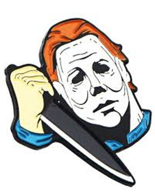 1 1/2 inches tall, a new Halloween Movie Michael Myers Face and Hand Holding Knife Metal Enamel Pin with clutch back.   New.

Please note we will always combine shipping on like items.  Any additional patch or pin will ship for 50 cent per item.  Any additional payment will be reimbursed to your Paypal account.  Thank You.