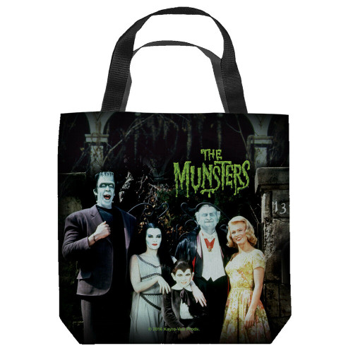 16 inches by 16 inches,  a new The Munsters "Family Portrait" Tote Bag.  This highly collectible bag is made of a spun polyester, and has the look and feel of a "Light Weight Cotton Canvas Bag".  Includes 2 black handles and is printed on both sides with same image shown.  

Please note we will always combine shipping on like items.  Any additional patch or pin will ship for 50 cent per item.  Any additional payment will be reimbursed to your Paypal account.  Thank You.