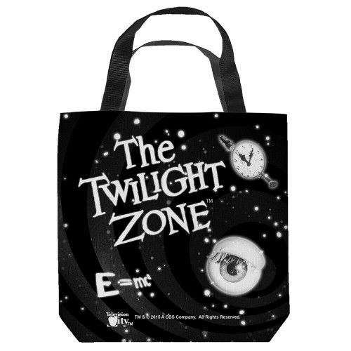 Please note, the tote bags are a special order, and there is a 10-15 business day turnaround from order to shipment.  

16 inches by 16 inches,  The Twilight Zone "Collage" Tote Bag.  This highly collectible bag is made of a spun polyester, and has the look and feel of a "Light Weight Cotton Canvas Bag".  Includes 2 black handles and is printed on both sides with same image shown.  

Please note we will always combine shipping on like items.  Any additional patch or pin will ship for 50 cent per item.  Any additional payment will be reimbursed to your Paypal account.  Thank You.