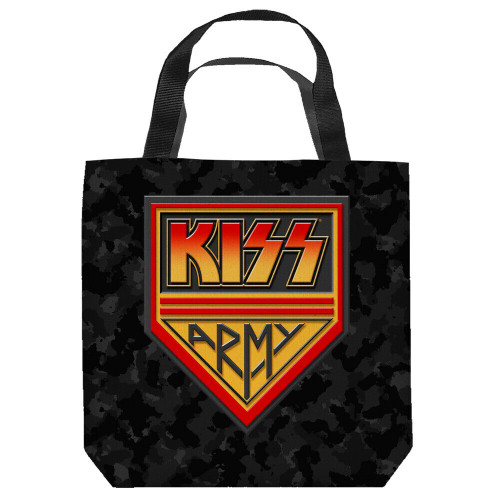 16 inches by 16 inches, KISS "Kiss Army Logo"  tote bag.  This highly collectible bag is made of a spun polyester, and has the look and feel of a "Light Weight Cotton Canvas Bag".  Includes 2 black handles and is printed on both sides with same image shown.  

Please note we will always combine shipping on like items.  Any additional patch or pin will ship for 50 cent per item.  Any additional payment will be reimbursed to your Paypal account.  Thank You.