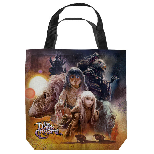 16 inches by 16 inches,  a new Dark Crystal "Painted Poster" Tote Bag.  This highly collectible bag is made of a spun polyester, and has the look and feel of a "Light Weight Cotton Canvas Bag".  Includes 2 black handles and is printed on both sides with same image shown.  

Please note we will always combine shipping on like items.  Any additional patch or pin will ship for 50 cent per item.  Any additional payment will be reimbursed to your Paypal account.  Thank You.