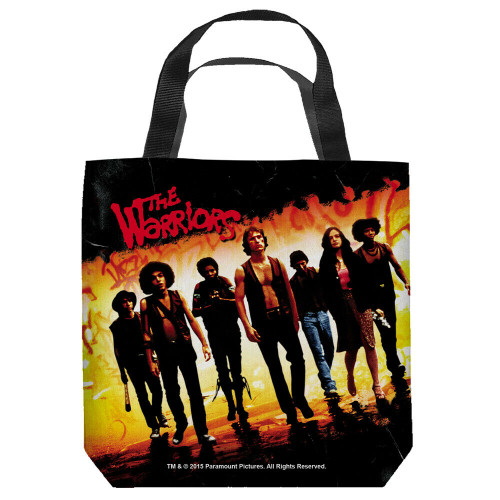 16 inches by 16 inches,  a new The Warriors (Cult Classic) Motion Picture Tote Bag.  This highly collectible bag is made of a spun polyester, and has the look and feel of a "Light Weight Cotton Canvas Bag".  Includes 2 black handles and is printed on both sides with same image shown.  

Please note we will always combine shipping on like items.  Any additional patch or pin will ship for 50 cent per item.  Any additional payment will be reimbursed to your Paypal account.  Thank You.